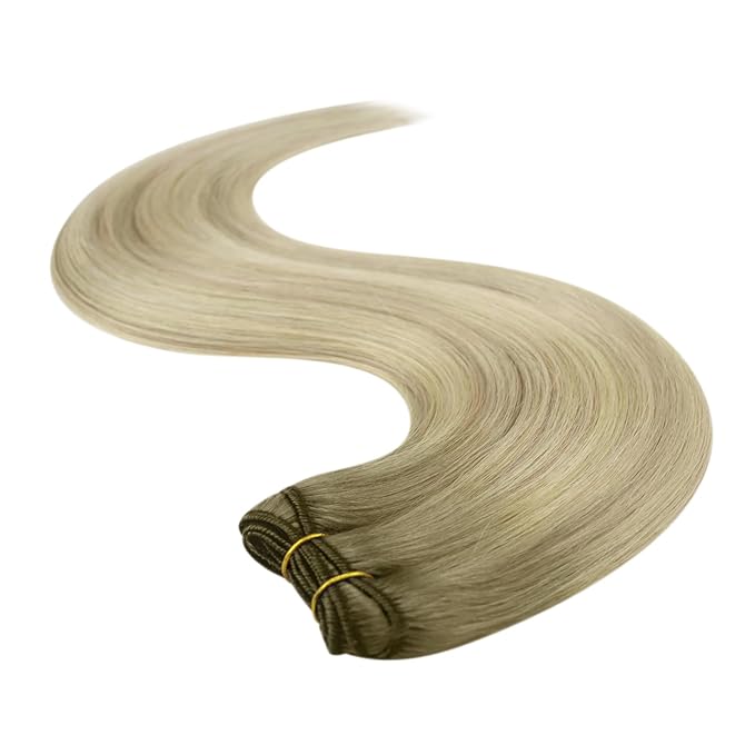 YoungSee Hair Extensions Weft Ash Blonde Sew in Hair Extensions Balayage Ash Blonde Mix Platinum Blond Weft Hair Extensions Human Hair Soft and Silky Straight Hair 20Inch 100G