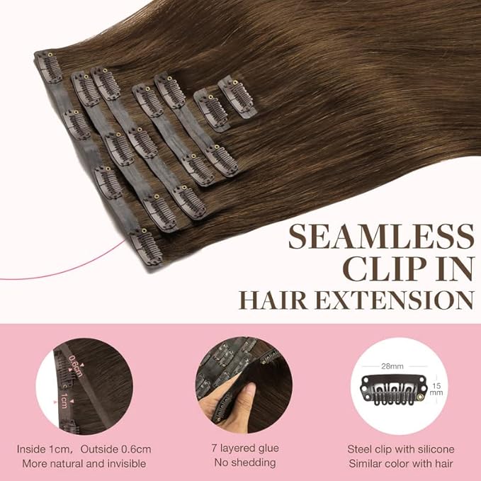 GOO GOO Clip in Hair Extensions Real Human Hair, Remy Human Hair Extensions Clip ins for Women, Natural Human Hair, 16inch 110g 7Pcs, 4A Chocolate Brown