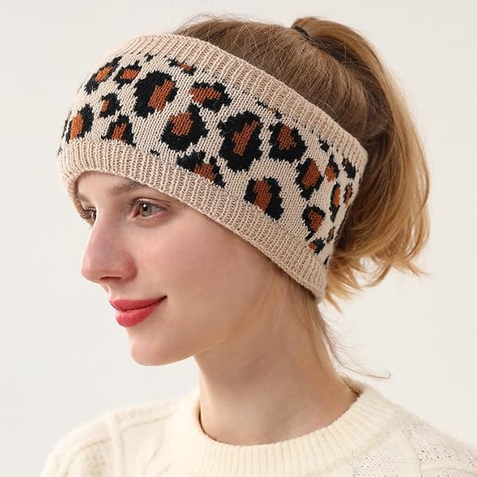 Women Leopard Knit Headband,Warm Sports Headscarf,Soft Stretchy Wide Hair Band,Fashion Accessories for Daily Wear,2PCS Sets
