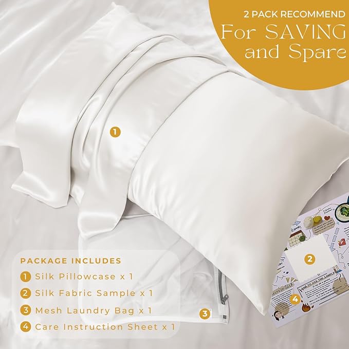 PROMEED 100% Mulberry Silk Pillowcase King Size White, Grade 6a+ 23 Momme Silk Pillow Case for Sensitive Skin, Soft Anti Acne Pillowcase with Zipper (King 20"x36", White)