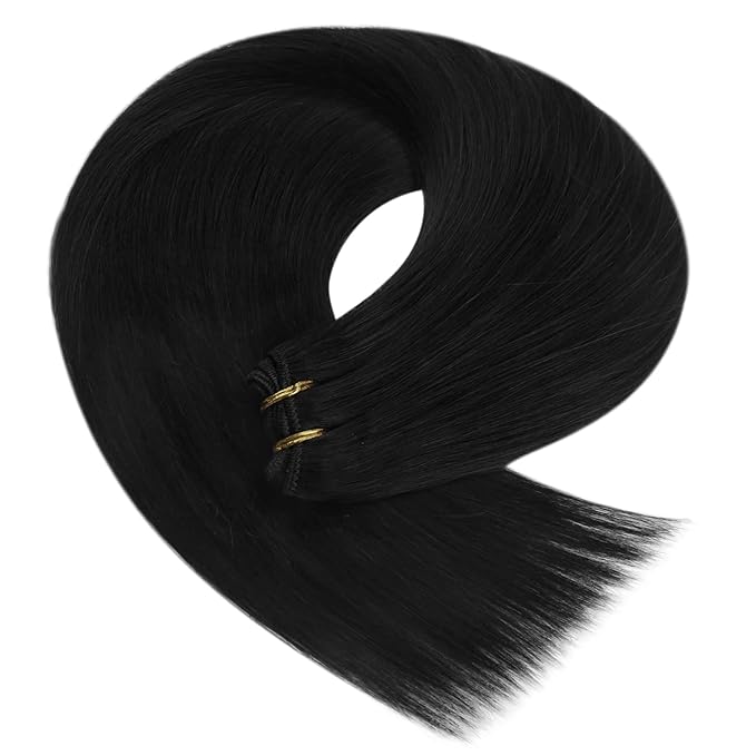 YoungSee Sew in Hair Extensions Black Human Hair Weft Extensions Straight Human Hair Extensions Sew in Jet Black for Natural Look 18Inch 100G
