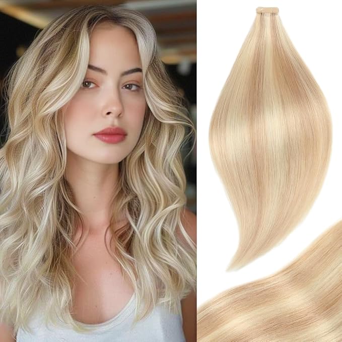 Tape in Hair Extensions Human Hair, Ash Blonde Highlighted Bleach Blonde 20pcs Straight Seamless Skin Weft Tape in Real Human Hair(P18K/60#,14 Inch)