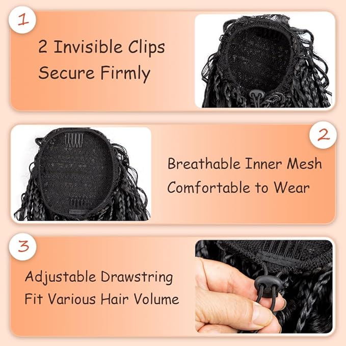 Drawstring Ponytail for Women 18 inch Boho Box Braids with Long Wavy Hair Clip in Ponytail Extension Synthetic Hair Extensions Ponytail for Daily Use (T1B/30#, 18 Inch)