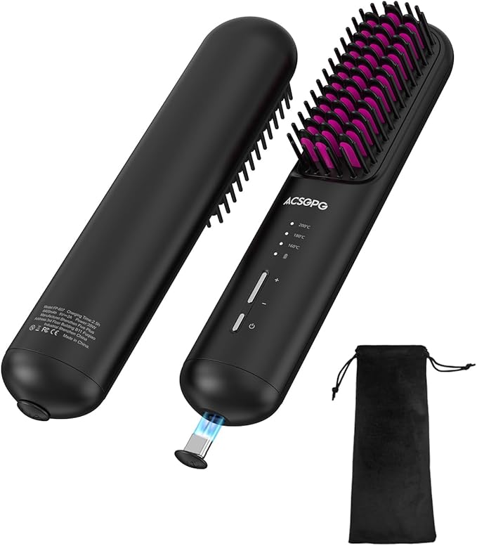 Rechargeable Hair Straightener Brush - 6400mAh Large Capacity Battery - Portable Straightening Brush Comb - Mini Cordless Ionic Straightener for Women - Great for Travel & Home ACSGPG