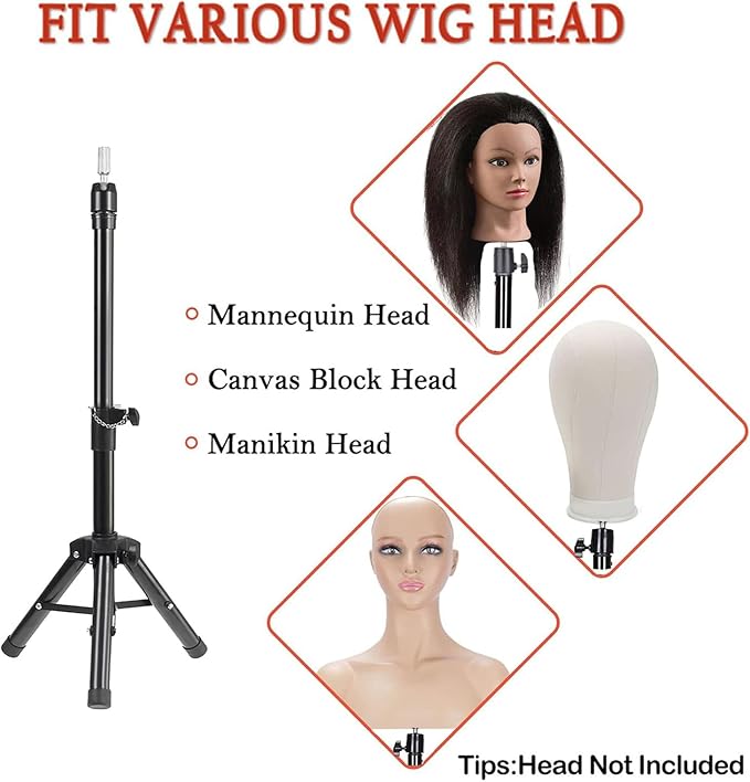 Generic Wig Stand Tripod 40"" Heavy Duty Reinforced Adjustable Mannequin Head Stand Tripod for Styling Cosmetology Hairdressing Training, Metal Wig Head Stand Holder with Wig Caps,Paddle Comb T-Pins
