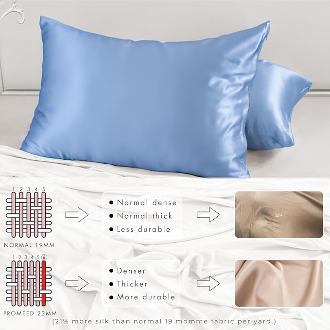 PROMEED Real 23 Momme 100% Silk Pillowcase for Hair and Skin, Both Sides Cooling Premium Grade 6A+ Mulberry Silk Pillow Case with Zipper, 1pc (King 20"x36", Light Blue)