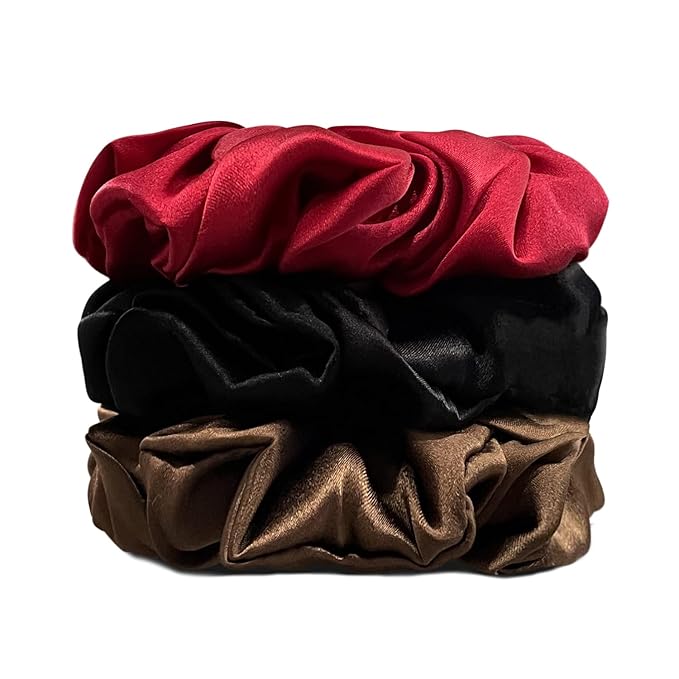 Suncdelv Silk,100% Silk Scrunchies for Hair,22 Momme Hair Ties for Anti-Crease & Breakage,Natural Women Hair Accessories，Fashion Hairbands 3PCS（Red,Brown,Black）