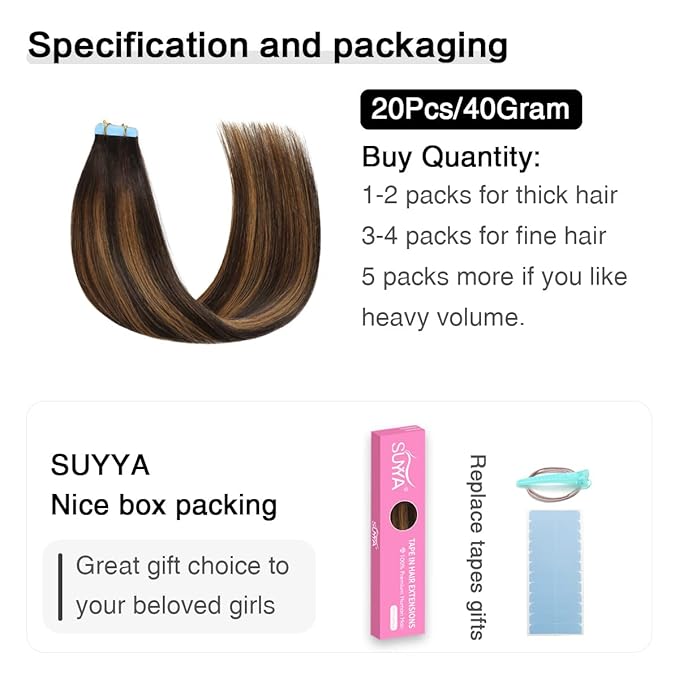 SUYYA Tape in Hair Extensions Human Hair Balayage Darkest Brown to Light Brown 16 Inch 40g/pack 20pcs Straight Seamless Skin Weft Tape in Real Human Hair Extensions(16inch #P2/8/T2)