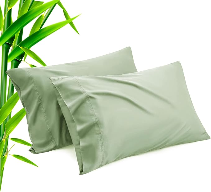 TELUS Green Pillow Cases Queen Size 2 Pack, Bamboo Rayon Cooling Pillowcases with Envelope Closure, Cool Breathable Pillow Cover for Hot Sleepers & Night Sweats, 20x30 inch