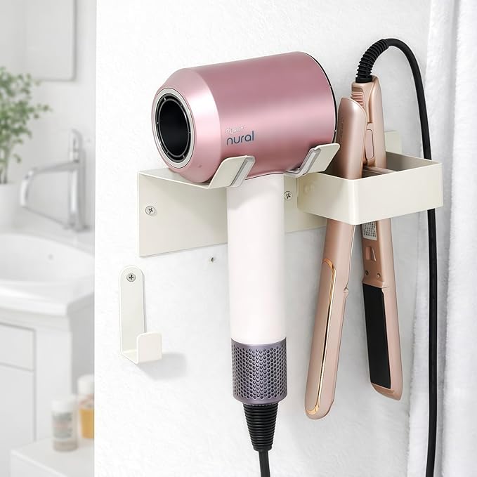 Hair Dryer and Straightener Holder, Stainless Steel Hair Dryer Stand for Bathroom, Hair Dryer Holder Wall Mounted Adhesive or Drilling, Hair Tool Organizer for Salon Barber Shops White BANJEKT