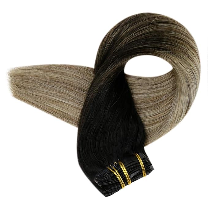 Full Shine Clip in Hair Extensions Real Human Hair Black Root Light Brown Mix Blonde Seamless Hair Extensions Clip in with PU Weft Softness 16 Inch 8 PCS 120 G