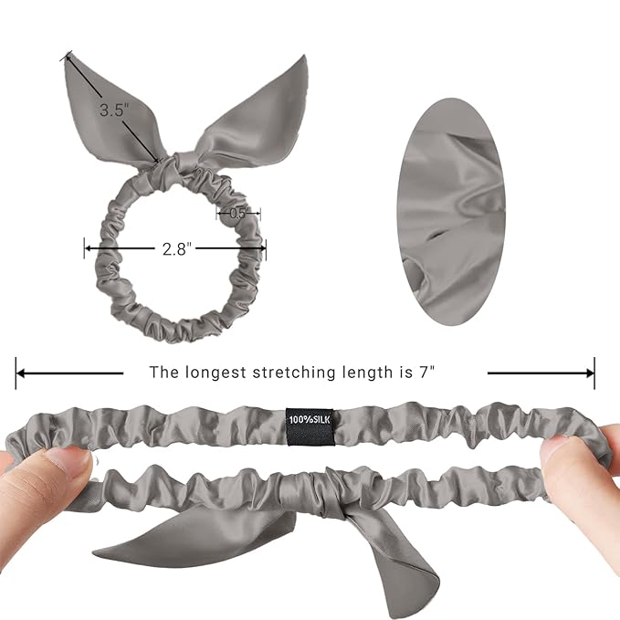 THXSILK Hair Silk Scrunchies with Bow for Women Pure Mulberry Silk Hair Cute Ring Ties Scrunchies for Girls Women's Thick Hair, Grey, 2.8"