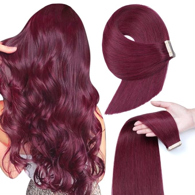 Tape in Hair Extensions Human Hair 20pcs Remy Hair Extensions 22 Inch Burgundy Straight Invisible Human Hair Tape in Extensions Skin Weft Tape Extensions Human Hair (99J#,22 Inch)