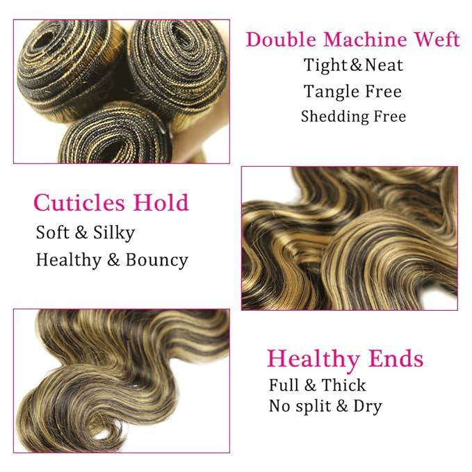 Highlight Human Hair Bundles Blonde Body Wave Bundle 24 26 28 Inch Double Weft 2 Tone Black and Hondy Blonde Bundle Niegmeag Peruvian Virgin Remy Hair Extensions
