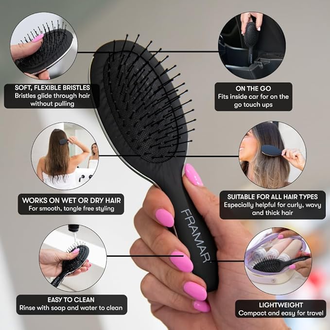 FRAMAR Mini Hair Brush Detangler – Mini Brush For Hair, Small Travel Hair Brush For Women, Travel Hairbrush Detangler, Compact For Travel, Reduces Breakage, For All Hair Types – Matte Black