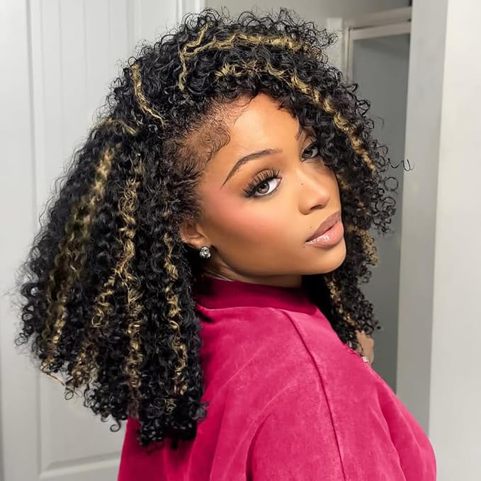 Kinky Curly Half Wig Human Hair Drawstring Balayage Highlight Ombre No Lace Glueless Wear Go Wig Drawstring Invisible Hairline Beginner Friendly For Women Flip Over Clip In 250% Density 18Inch