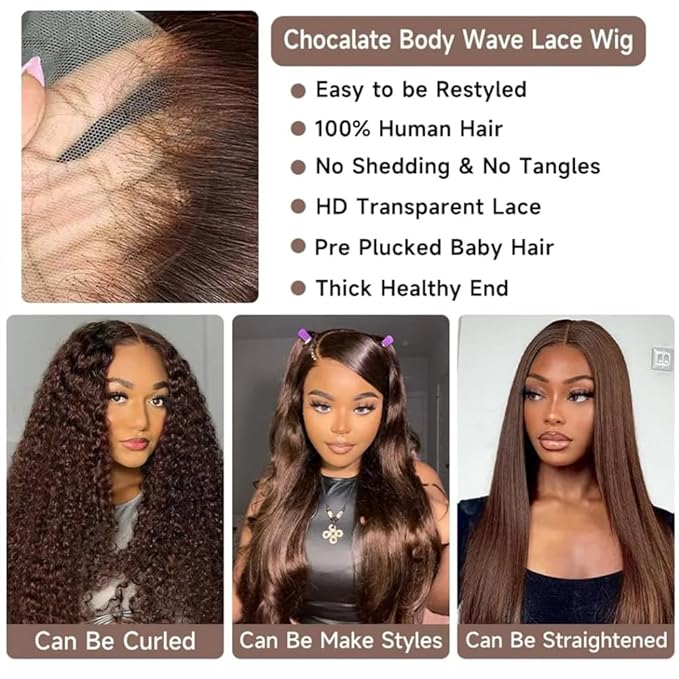 250% Density Chocolate Brown Lace Front Wig Human Hair 13x4 Body Wave Lace Front Wigs Colored Human Hair Wigs For Women HD Transparent Lace Front Wig(24 Inch,Chocolate Brown Wig)