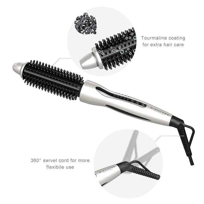 MIRACOMB Hair Curler Straightening Brush - Ceramic Tourmaline Flat Curling Iron - Cool Touch Round Brush PRO Multi Styler with 5 Heat Adjustments, 1 Inch Barrel, White (Enhanced)