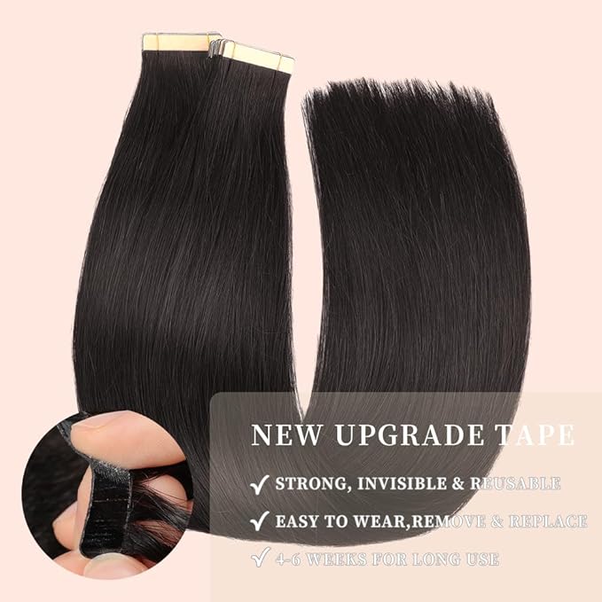 Human Hair Tape in Extensions Jet Black 14 Inch 20pcs Seamless Skin Weft Tape in Hair Extensions Double Sided Remy Invisible Tape in Hair Extensions Human Hair Straight (1#,14 Inch)