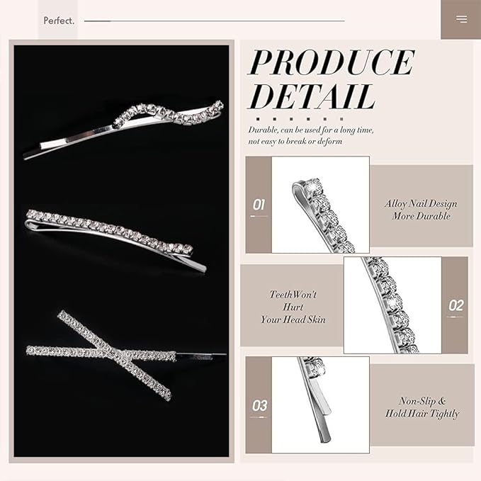 16 Pieces Rhinestone Bobby Pins, Fancy Metal Hair Clips, Crystal Shiny Barrettes, I S X Shaped Diamond Hair Accessories for Women Girls Wedding Prom Party (Silver)