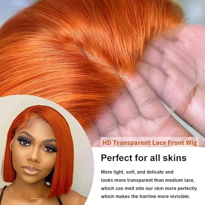 250% Density Ginger Bob Wig Human Hair 13x4 HD Lace Closure Wig Orange Bob Human Hair Wig with Baby Hair Short Straight Bob Colored Wig for Women 14 Inch