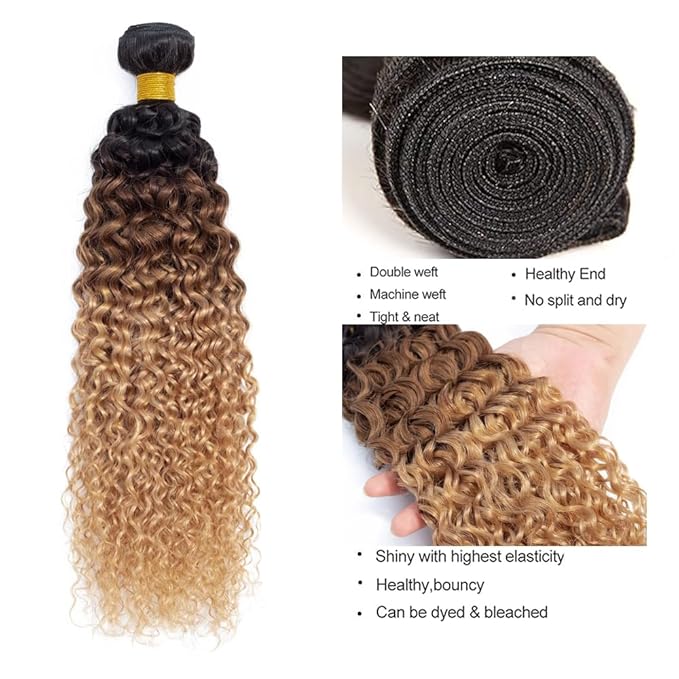 Ombre Blonde Curly Bundles Human Hair Light Brown Bundle Niegmeag Brazilian Virgin Remy Hair 3 Bundles 20 22 24 Inch Double Weft 3 Tone Brown and Honey Blonde Bundle