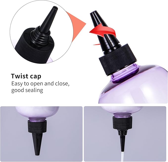 driew Applicator Bottles for Hair, 16.9oz Hair Squeeze Bottle for liquids Twist-On Top Tip Cap with Ratio Graduated Scale Color Applicator Bottle Dye Pack of 2 (16.9oz Clear Purple)
