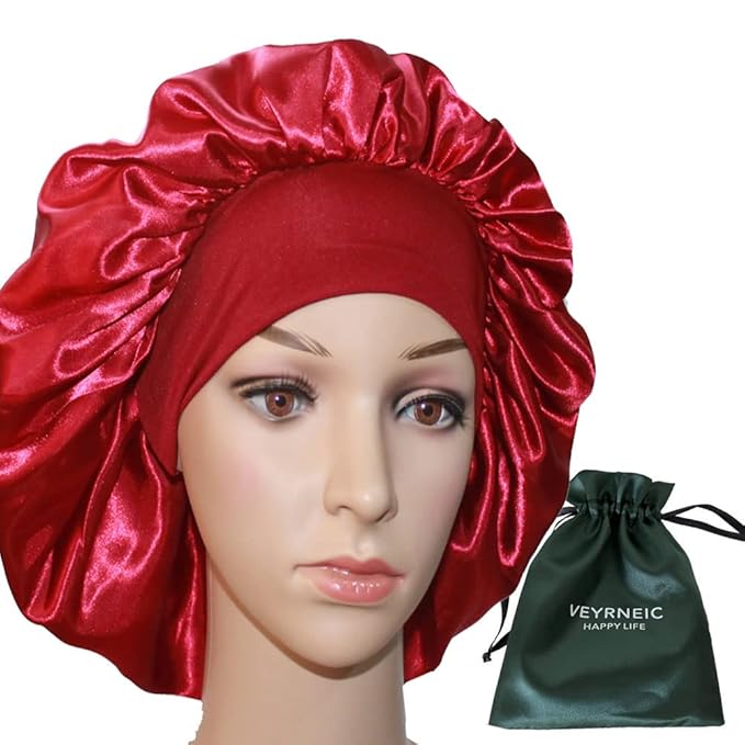 VEYRNEIC Hair Satin Bonnet for Sleeping Shower Caps Silk Chemo Caps with Wide Elastic Band Night Sleep Cap Bonnets for Black Women Braids with Satin Storage Bag (Wine Red)