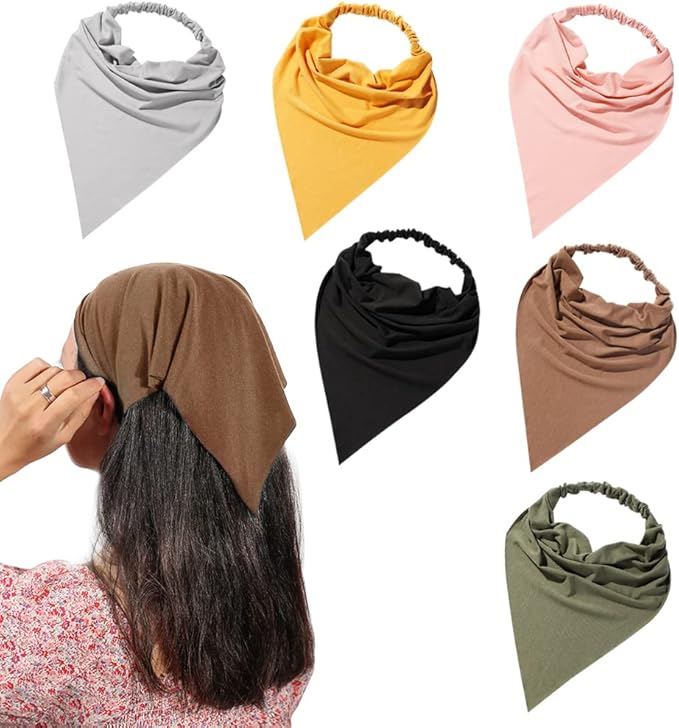 6 Pack Hair Scarf Headband for Women Elastic Bandana Head Scarf Large Boho Triangle Kerchief with Clips Non Slip Scarves