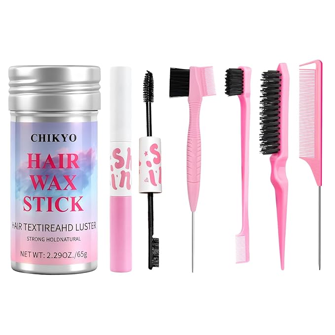 CHIKYO Hair Wax Stick, Edge Control Stick for Baby Hair, Slick Back Hair Brush, Flyaway Control, Edge Brush, Rat Tail Comb, Finishing & Coloring & Cleaning Styling Tools Set for Women, Men, Kids(6PCS)