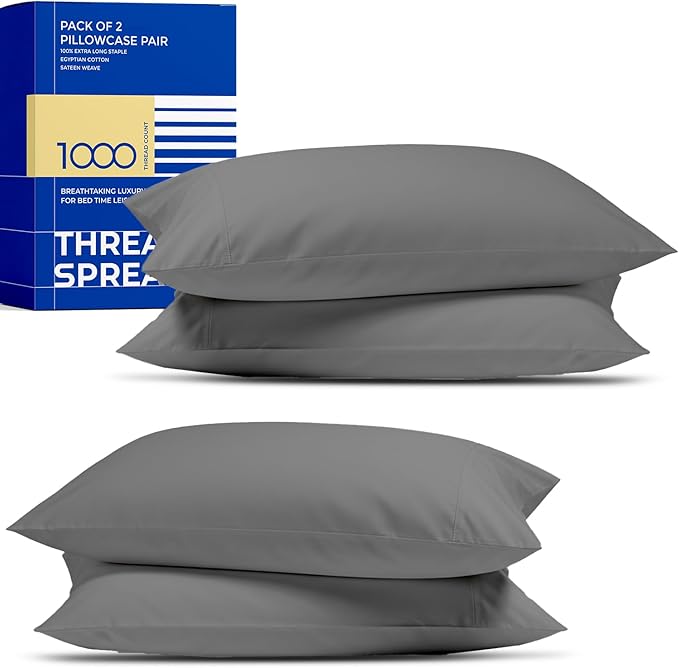 THREAD SPREAD 100% Egyptian Cotton Pillow Cases King - High Thread Count Pillowcases King Size Pack of 2, Cooling & Breathable Extra Long Staple Sateen Weave Cotton Pillow Covers for Bed - Dark Grey