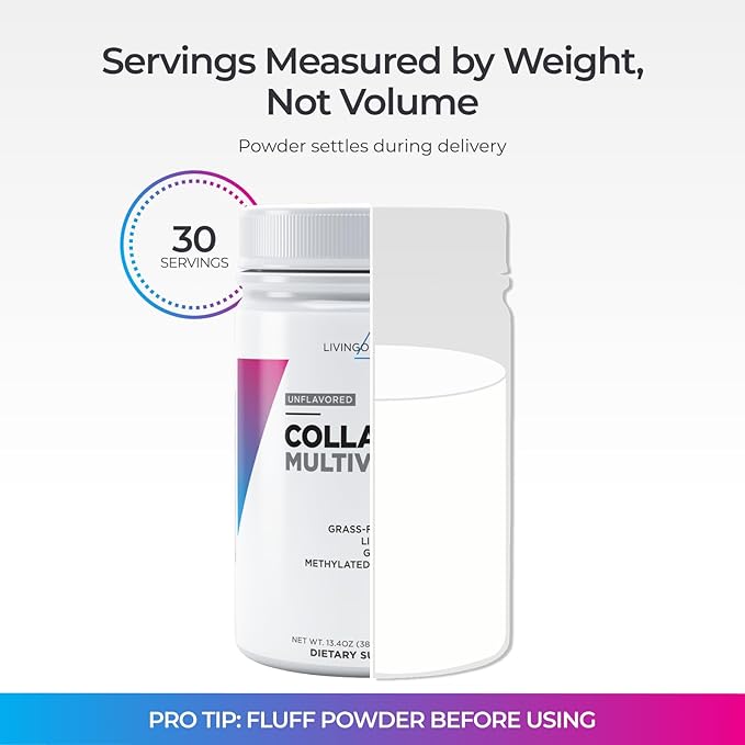 Livingood Daily Collagen Powder for Women & Men, Unflavored, Grass Fed Hydrolyzed Collagen Peptides, Protein & Multivitamins for Healthy Hair, Skin & Nails, Keto & Paleo, Gluten Free, 30 Servings