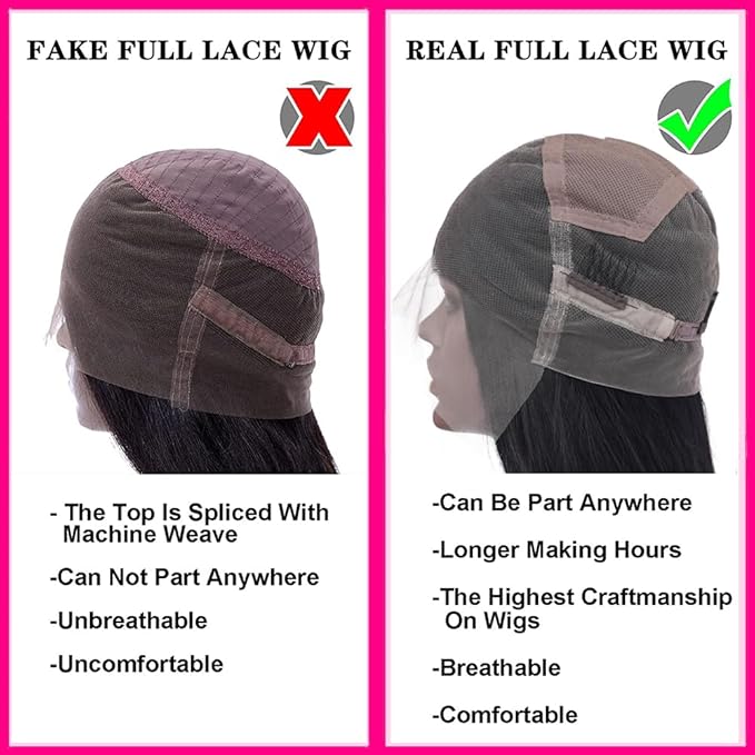 Straight Full Lace Wigs Human Hair 100% Hand-tied Full Scalp Lace Wigs for Black Women 180% Density(16inch, Natural Black)