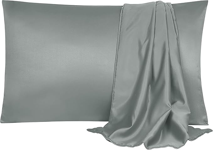 uxcell 2 Pack Silk Satin Pillowcase for Hair and Skin, Cool, Silky, Soft Breathable Pillow Cases Queen Size 20x30 Inch Sateen Pillowcase Grey with Envelope Closure