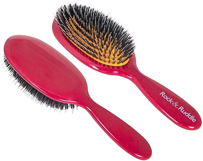 Rock & Ruddle Natural Mixed Boar Bristle Hair Brush for Women and Kids (Small/Travel Size, 17.5cm) - Perfect for Wet or Dry Hair, Detangling Smoothing Blowdrying - Made in UK - Red Shimmer Design
