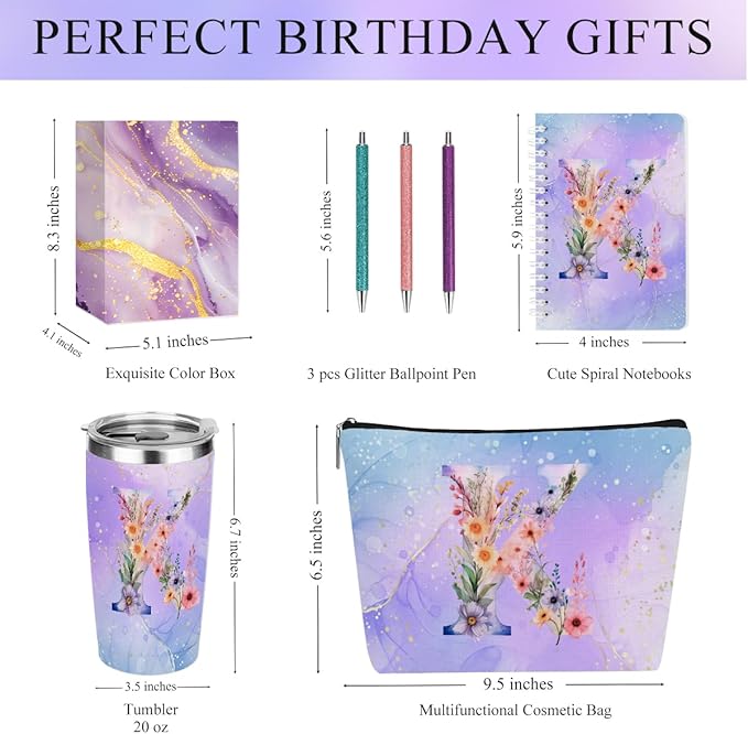 Personalized Gifts Monogrammed Birthday Gifts for Women, Soul Sister Bachelorette Party Wedding Christmas Initial 20 oz Tumbler, Makeup Bag Cup Pens Journal Notebook 6 Set, (Aesthetic Purple Flower K)