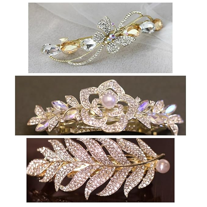3 Pack Vintage Rhinestone Hair Barrettes, Gold Spring Clips with Crystal Butterfly Feather Flower Design, French Clasps for Half-Up or Fine Hair, Bridal Wedding Accessories