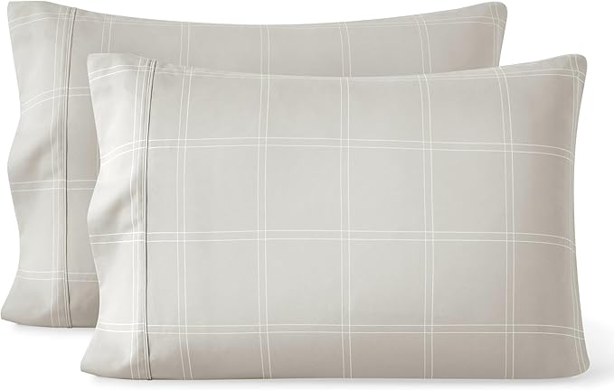 Bare Home Microfiber Pillow Cases - King Size Set of 2 - Cooling Pillowcases - Double Brushed - Pillowcases 2 Pack - Easy Care (King, Modern Plaid – Stone/White)