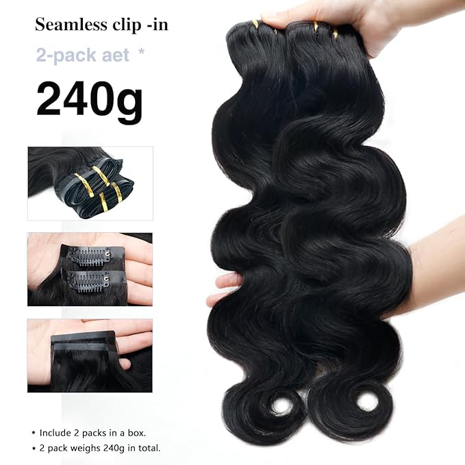 2 Pack 240g Body Wave Seamless Clip in Hair Extensions 16Pcs Full Head 15A Real Human Hair Clip ins with PU Skin Weft 20inch Natural Black