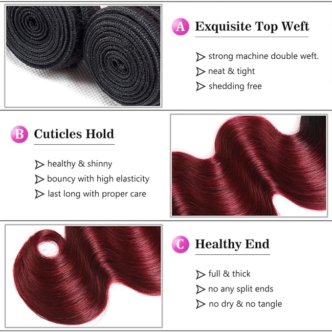 30 32 34 Inch Ombre Red Bundles Human Hair 99j Body Wave Bundles Peruvian Unprocessed Virgin Remy Hair Extensions Niegmeag 2 Tone Black and Burgundy Body Wave Bundle 300g