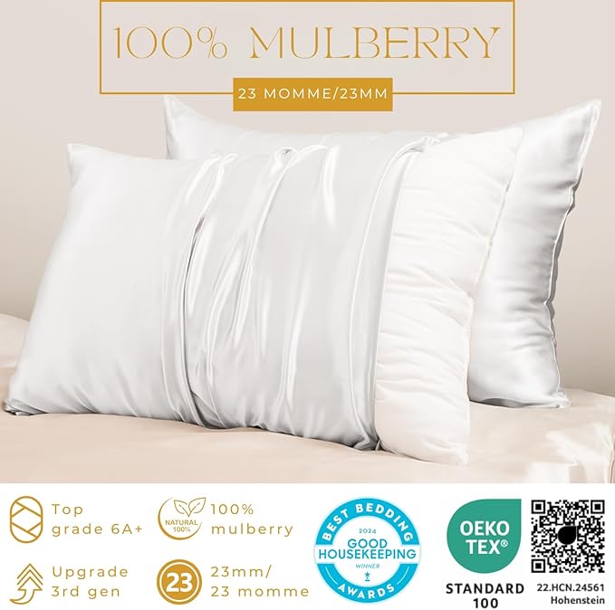 PROMEED 100% Mulberry Silk Pillowcases 2 Pack King Size, 23 Momme 6A+ Grade Natural Silk Pillow Cases Set of 2, Pure Silk Anti Acne Pillowcase (King 20"x36", White)