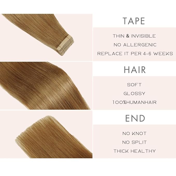 Tape in Hair Extensions Real Human Hair 24 Inch Honey Blonde Double Sided Tape for Skin Weft Hair Extension Invisible Tape in Hair Extensions Straight Remy Human Hair for Women 20pcs (27#,24 Inch)