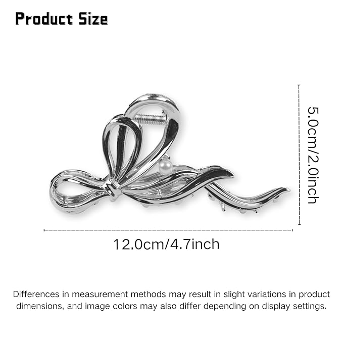 Metal Bow Hair Clips Bow Hair Claw Clips with Pearl Large Bowknot Claw Clip Strong Hold Nonslip Hair Jaw Clip for Thin Thick Hair Stylish Hair Accessories for Women Silver
