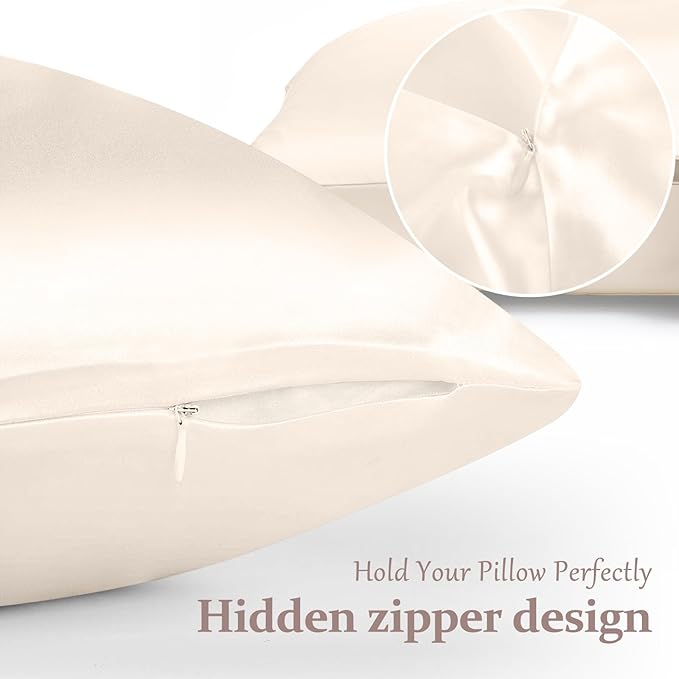 2 Pack 100% Pure Silk Pillowcase for Hair and Skin, Both Sides Mulberry Silk Pillowcases with Hidden Zipper, Cooling Pillowcase 19 Momme, 600 Thread Silk Pillow Cases Queen Size, Beige