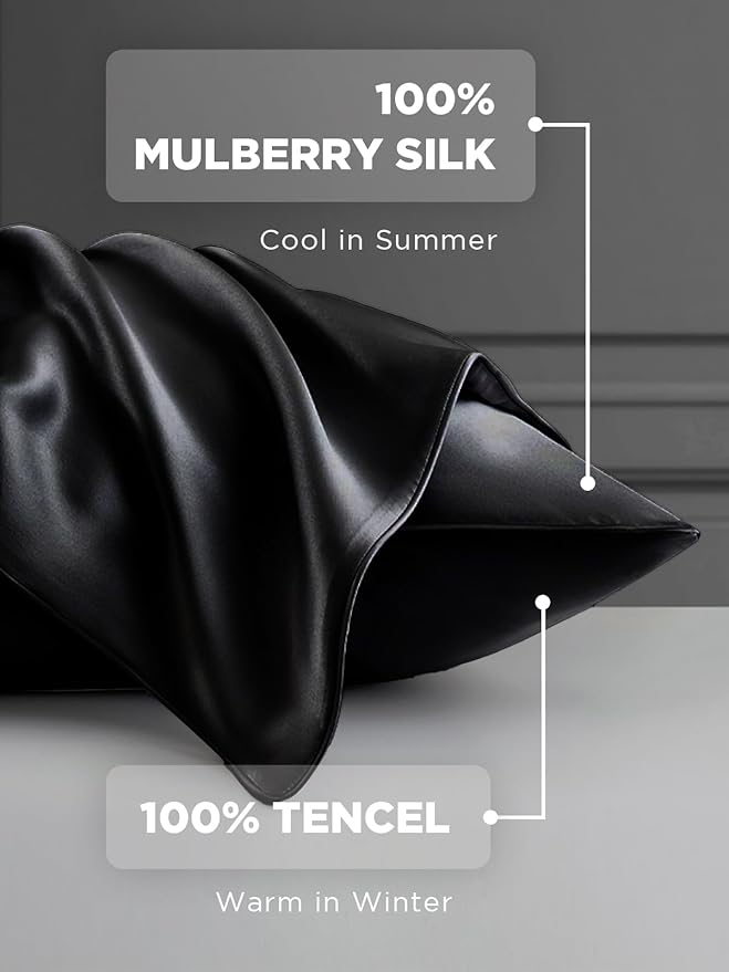 Mulberry Silk Pillowcase for Hair and Skin, SGMSILK 22 Momme Natural Silk Pillow Cases with Zipper, 6A Soft and Smooth Single Sided Pure Silk Pillow Cover (Black, King 20"x36")
