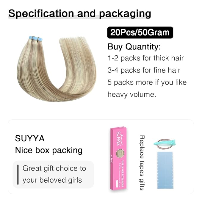 SUYYA Tape in Hair Extensions Human Hair Ash Blonde Highlighted Bleach Blonde 20 Inch 50g/pack 20pcs Straight Seamless Skin Weft Tape in Real Human Hair Extensions(20inch #P18/613)