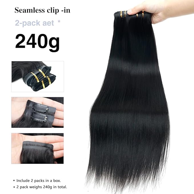 Straight Clip in Hair Extensions Real Human Hair 2 Pack 240g Seamless Clip in Hair Extensions for Women Full Max with 16Pcs PU Skin Weft 20inch Natural Black