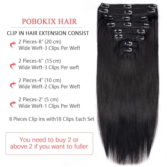 Straight Clip in Hair Extensions Real Human Hair 8Pcs Remy Human Hair Clip ins for Women, Natural Soft Silk Straight Human Hair 120g 24inch #1B Natural Black