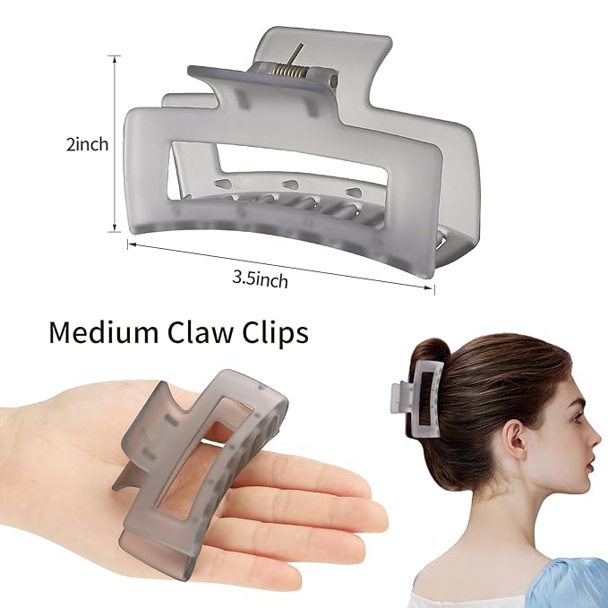 3.5 Inch Medium Hair Accessories - 6 Pack Square and Rectangle Banana Jaw Clips for Women and Girls - Tea