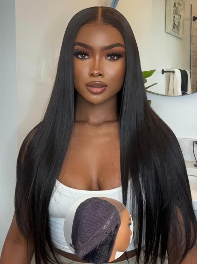 YIROO No Slip 7x5 Bye Bye Knots Yaki Straight Lace Front Glueless Drawstring Wig Human Hair with Deep Stretch Cap Fits All Head Sizes,Pre-Plucked Pre-Cut Wear and Go Wig for Women 150% Density 26Inch